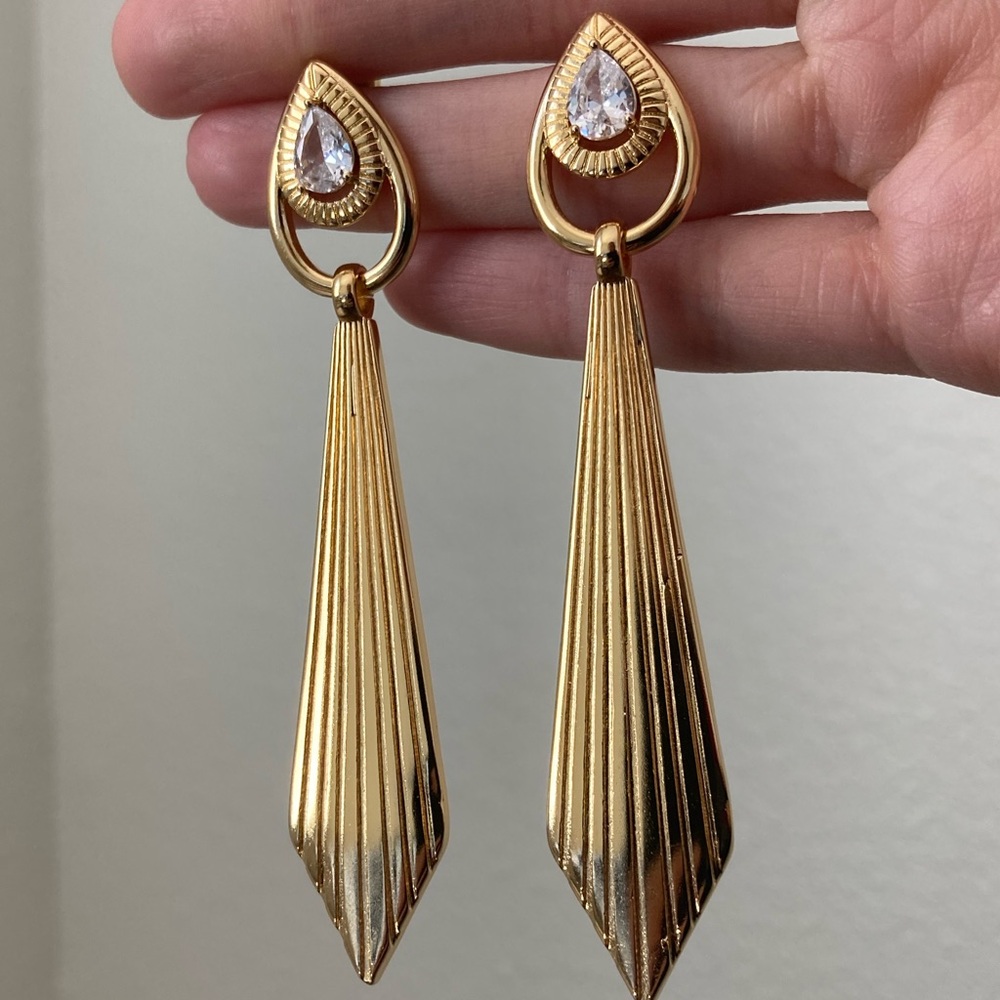 New Vanessa Mooney large statement drop dangle Polished Brass CZ Earrings